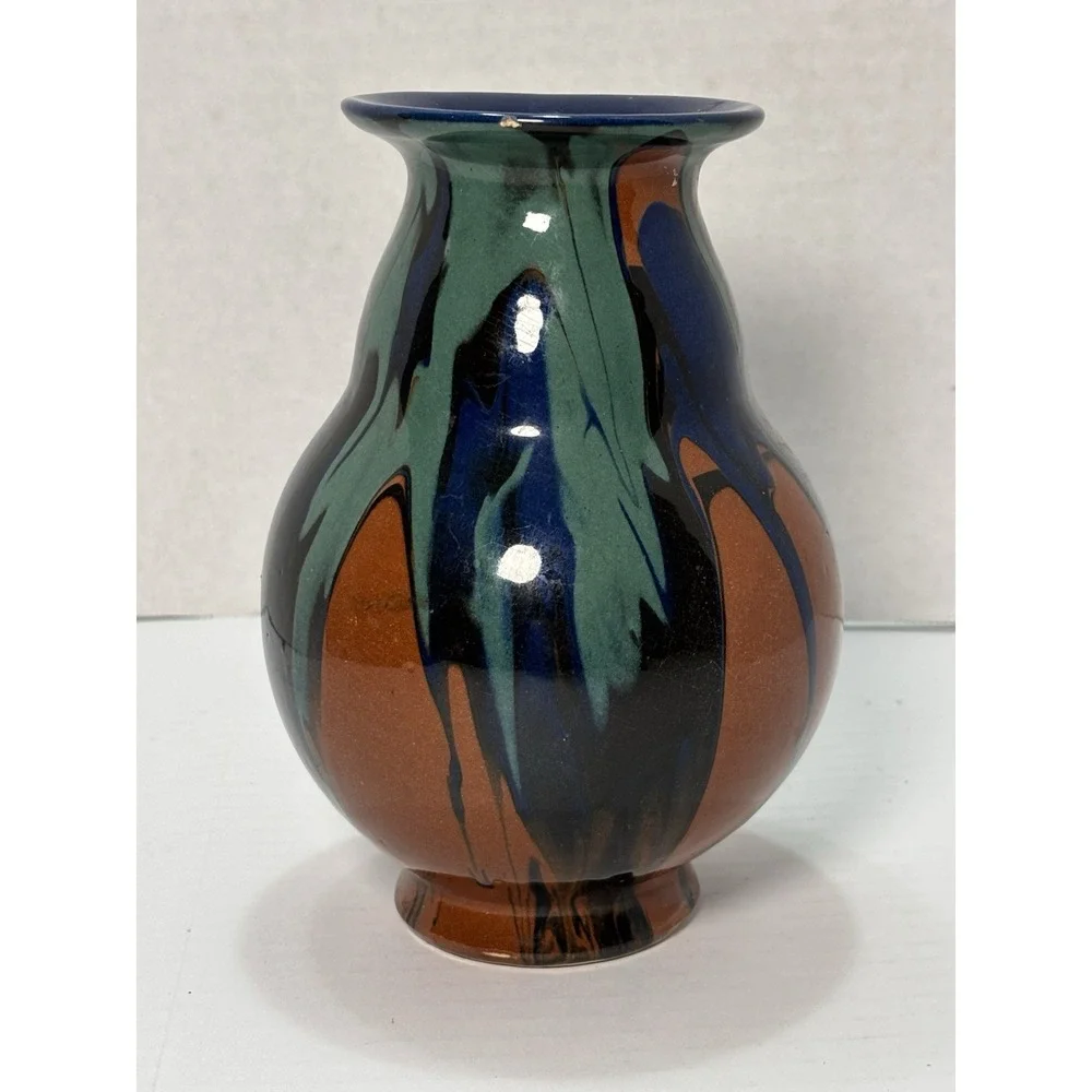 Vintage Dutch Pottery Vase #47‎ Drip Glaze Blue Green Brown MCM 7.5